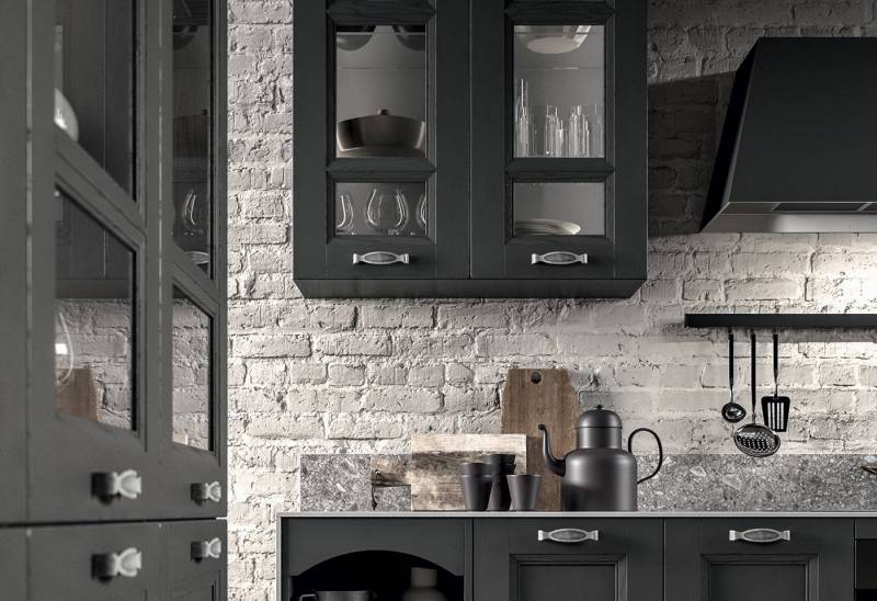 Cuisine Gioiosa finition noire meuble vitré